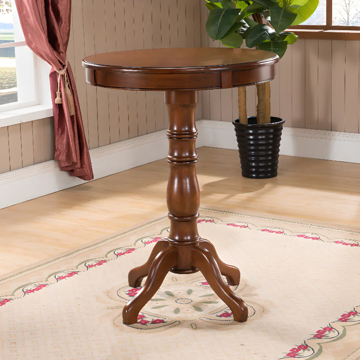 Classic Traditional Brown Wood Round Pedestal Bar Table