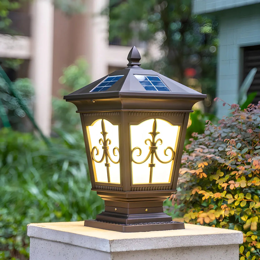 Outdoor Classic Vintage Brown Solar Pillar Post Lantern