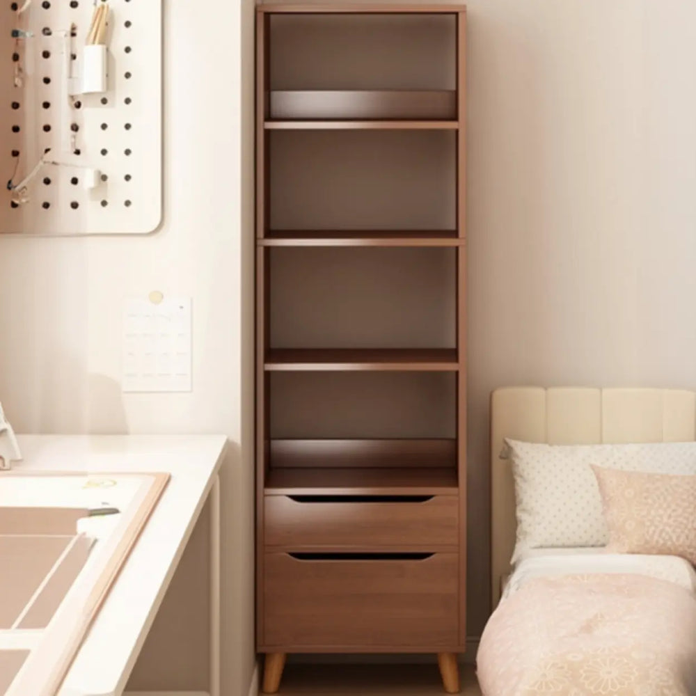 Classic Walnut Rectangular Wood Drawers Narrow Bookcase