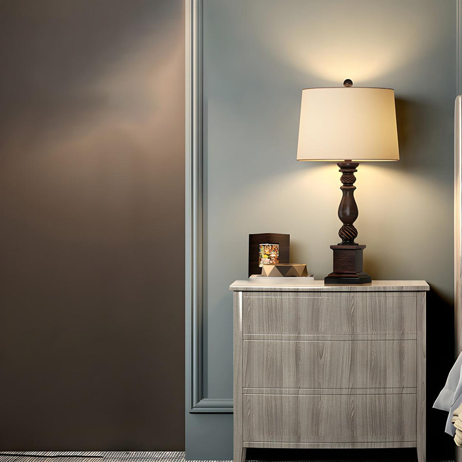 Classic White Drum Fabric Wood Base Bedside Table Lamp