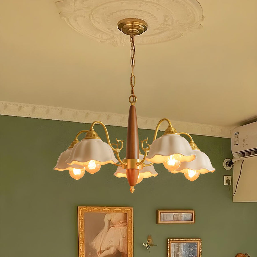 Classic Wooden Brass White Ceramic Floral Chandelier