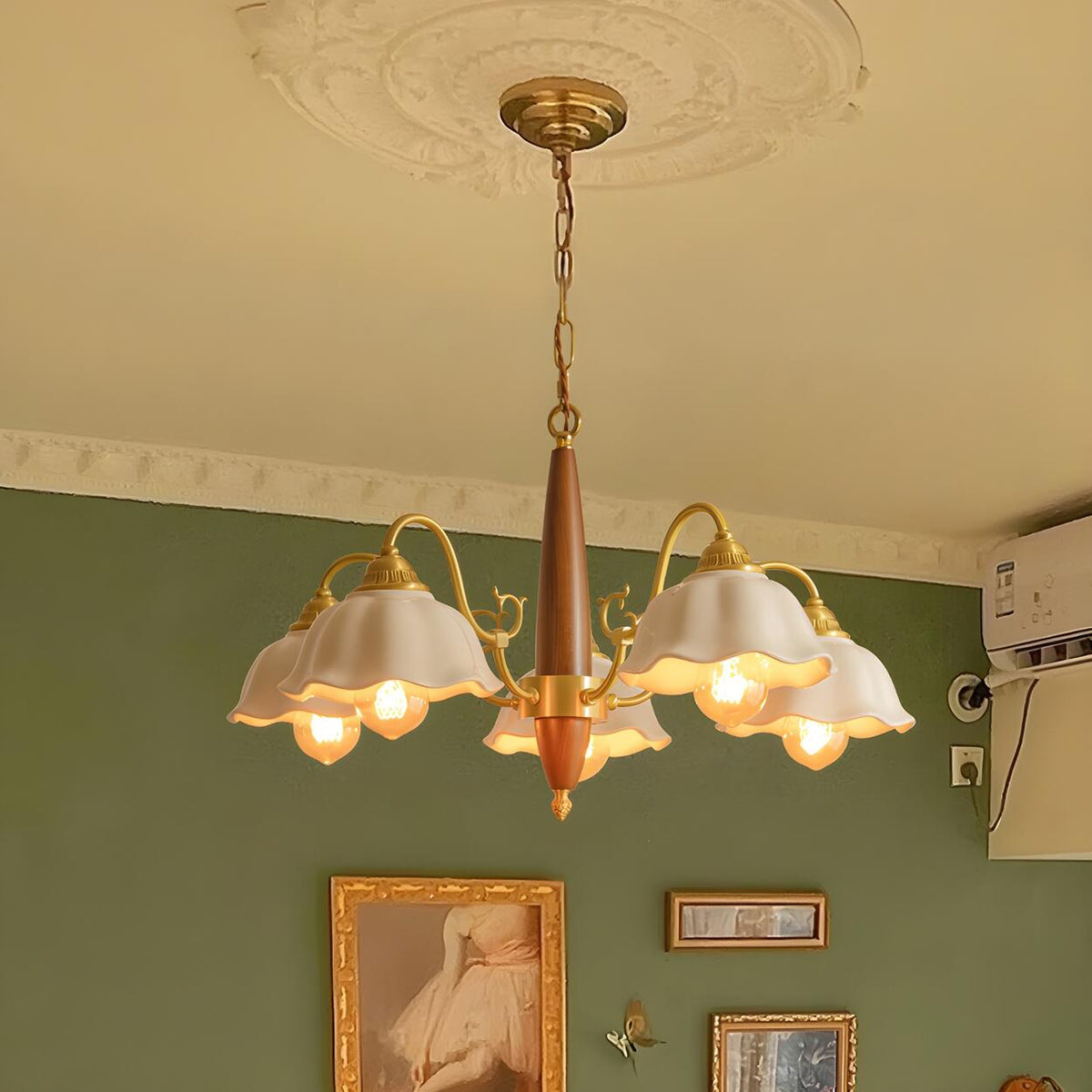 Classic Wooden Brass White Ceramic Floral Chandelier