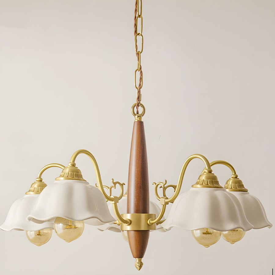 Classic Wooden Brass White Ceramic Floral Chandelier