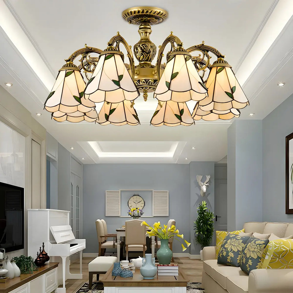 Cone Stained Glass Brass Down Living Room Chandelier