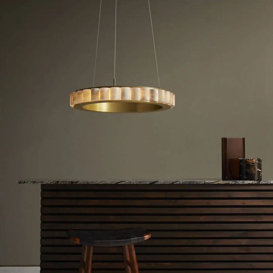 Contemporary Alabaster Circular 2 Tiers Hanging Chandelier