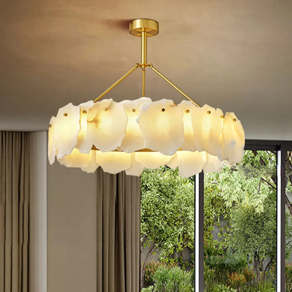 Contemporary Alabaster Petal Round Brass Chandelier