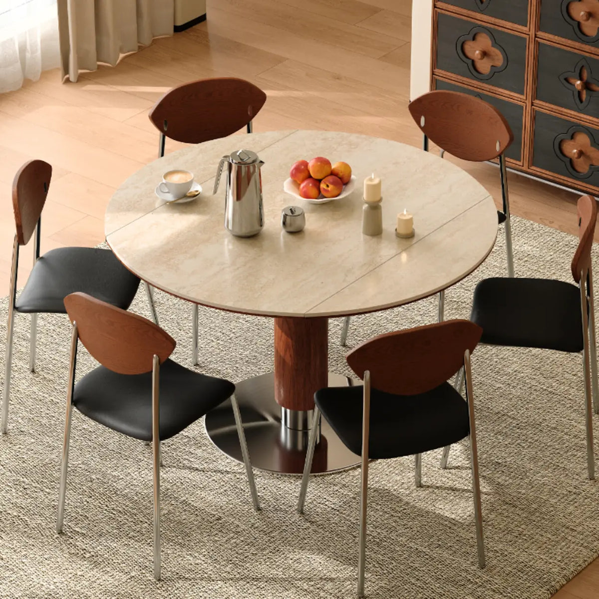 Contemporary Extendable Stone Round Top Metal Base Dining Table