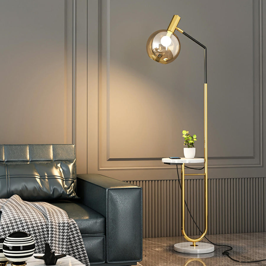 Contemporary Gold Globe Floor Lamp with Marble Storage