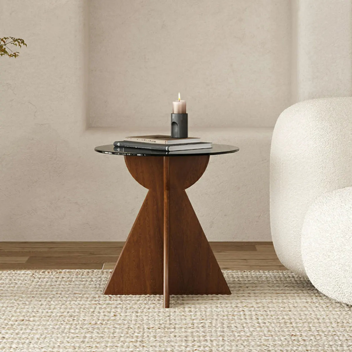 Contemporary Round Glass Walnut Wood Abstract Base Side Table