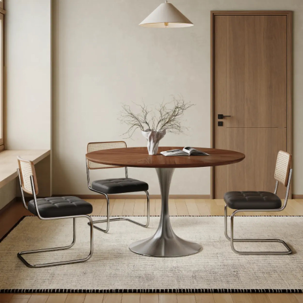 Contemporary Small Metal Base Round Brown Wood Dining Table