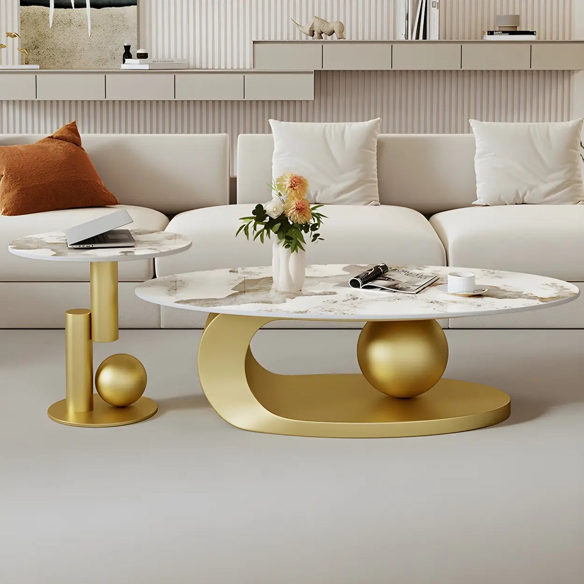 Contemporary Stone Top Abstract Metal Base Coffee Table