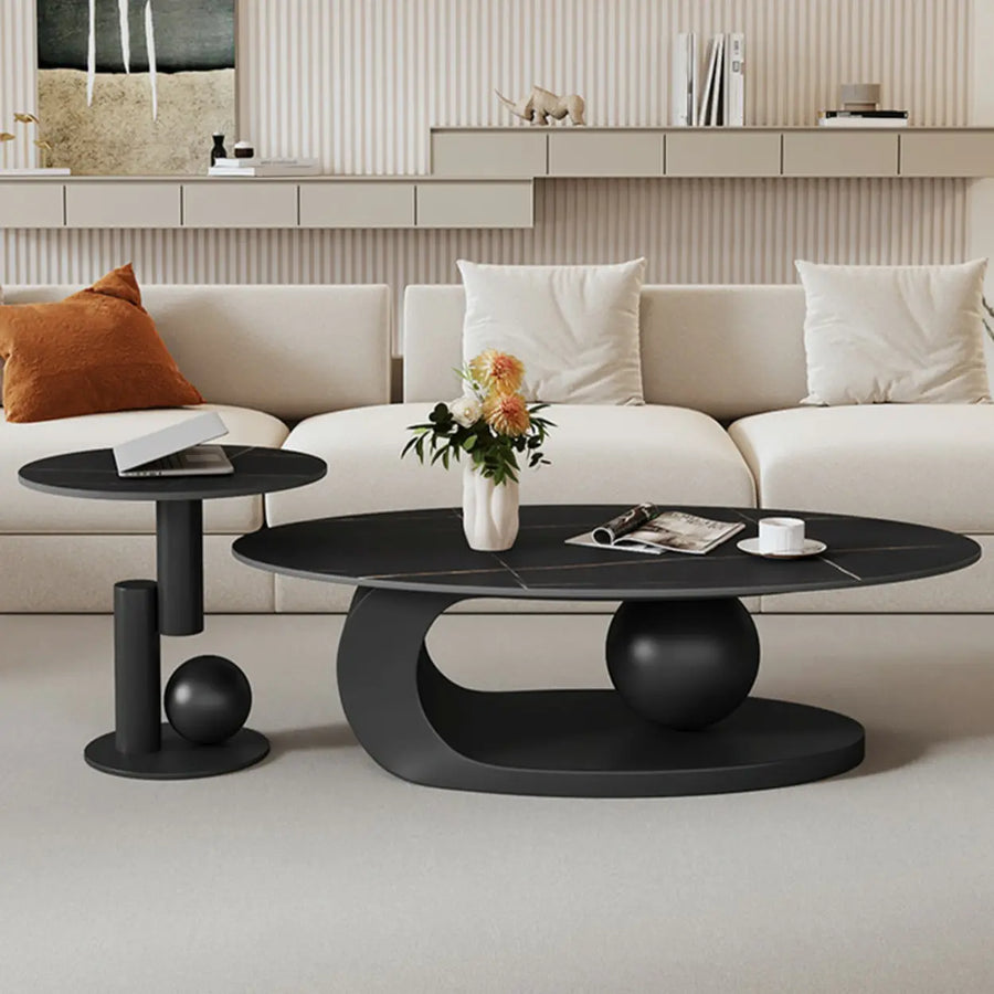 Contemporary Stone Top Abstract Metal Base Coffee Table