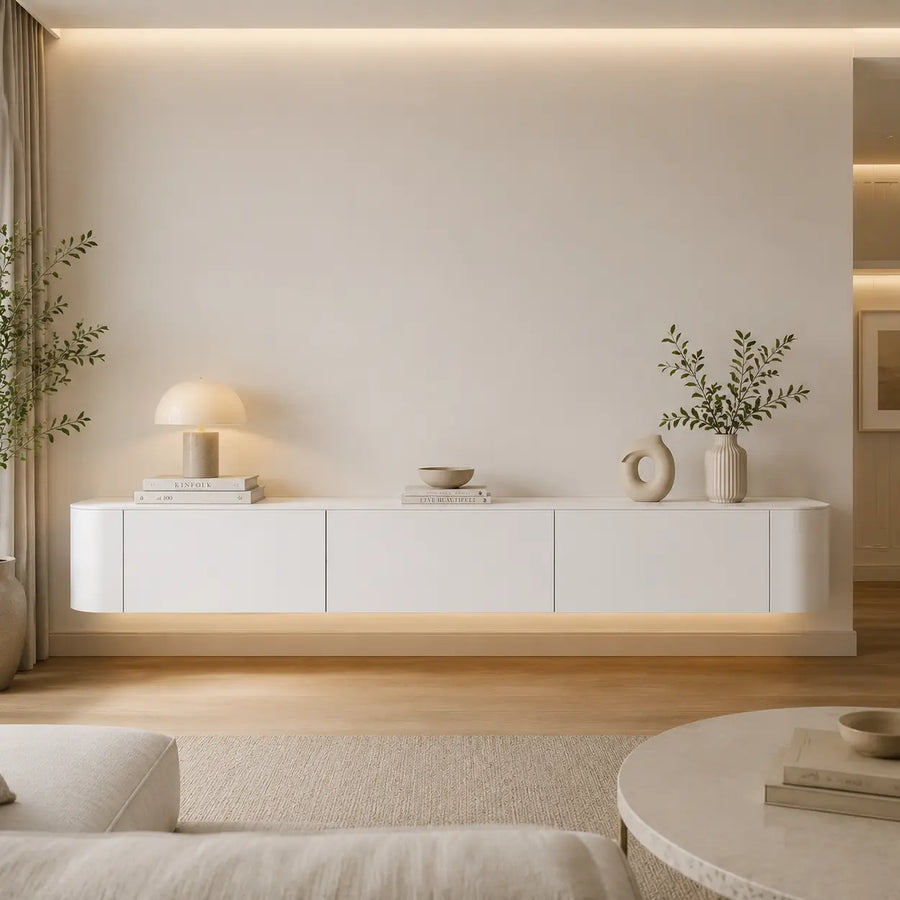 Contemporary White Wall-Mounted TV Stand with Cabinet