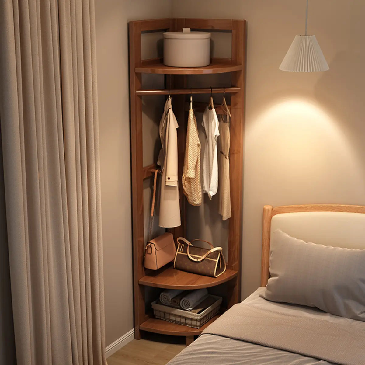 Corner Natural Wood Hooks Stand Coat Rack with Shelves