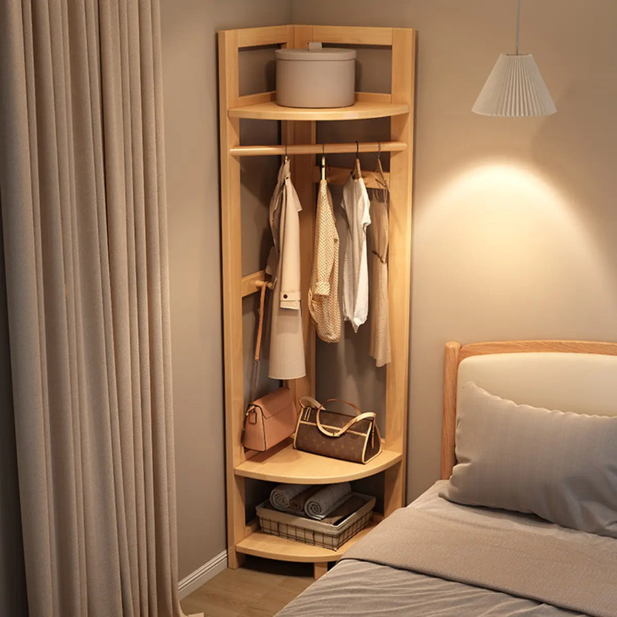 Corner Natural Wood Hooks Stand Coat Rack with Shelves