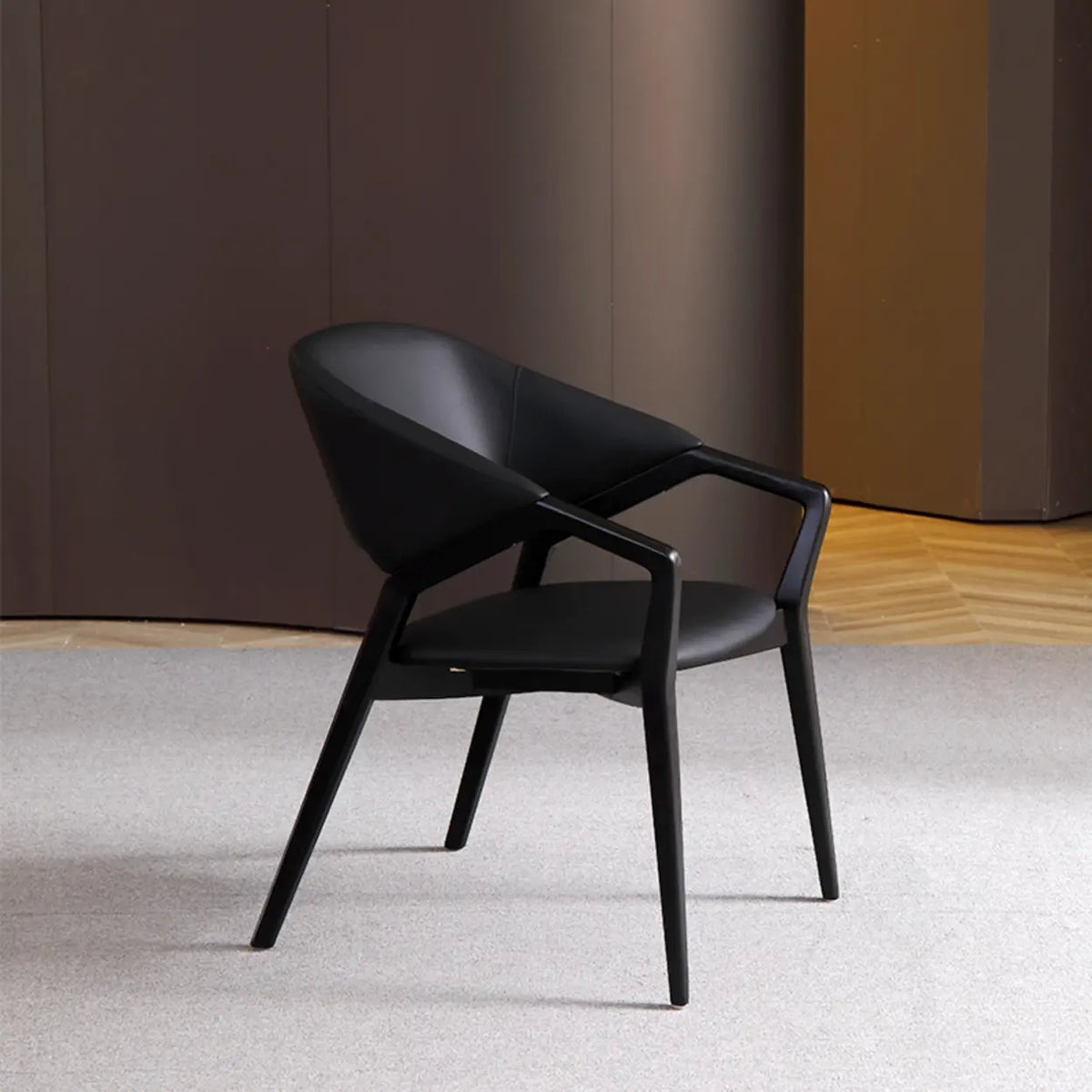 Curved Back Arm Chair Leather Wood Frame Dining Chair