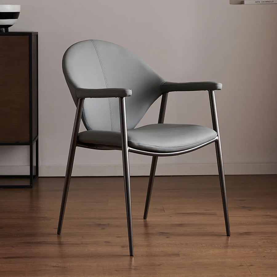 Curved Faux Leather Armrest Metal Dining Chairs Gray