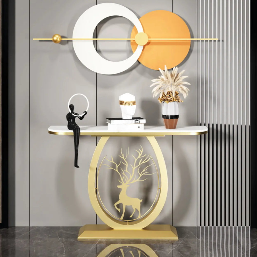 Decorative Oval Deer Base Sintered Stone Gold Console Table