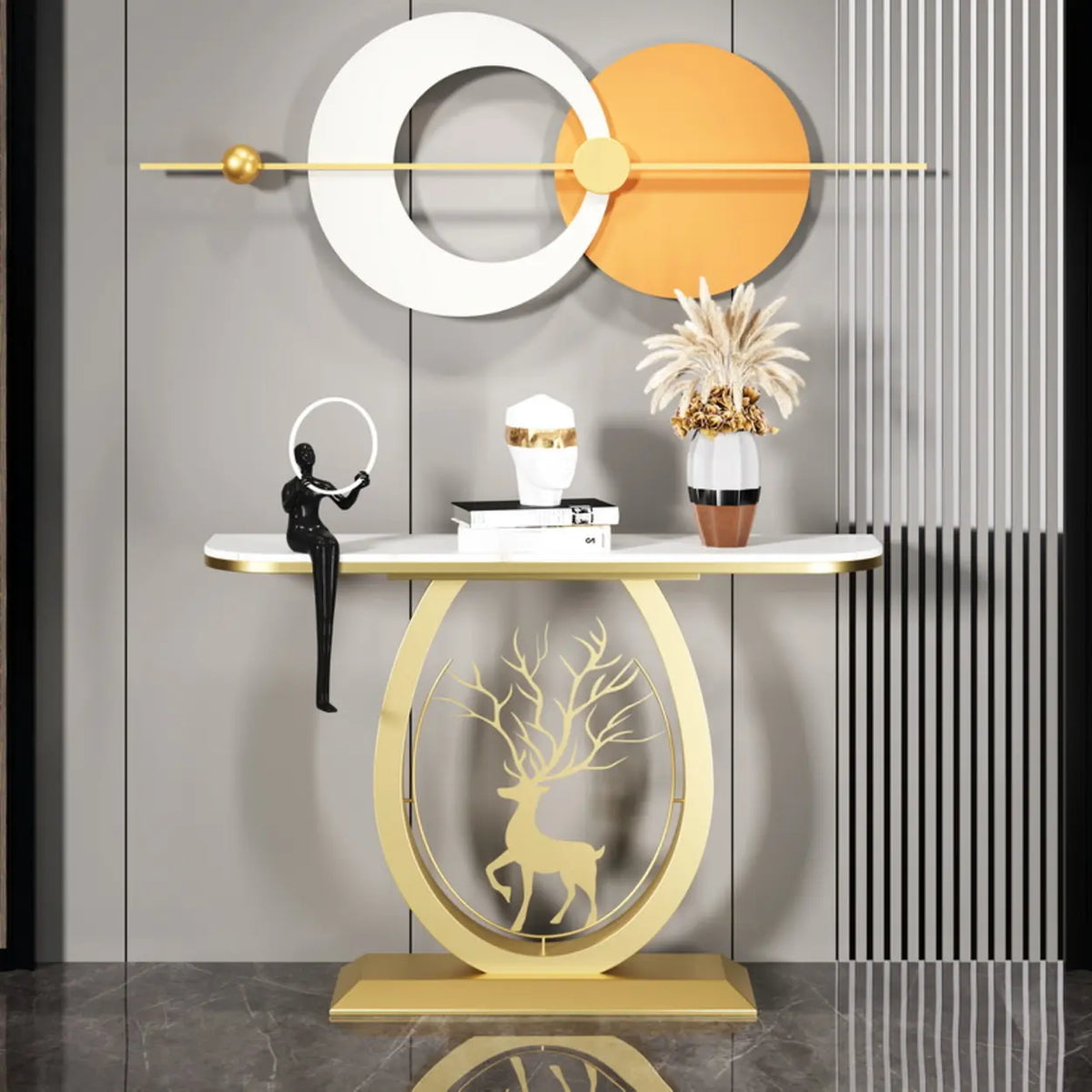 Decorative Oval Deer Base Sintered Stone Gold Console Table