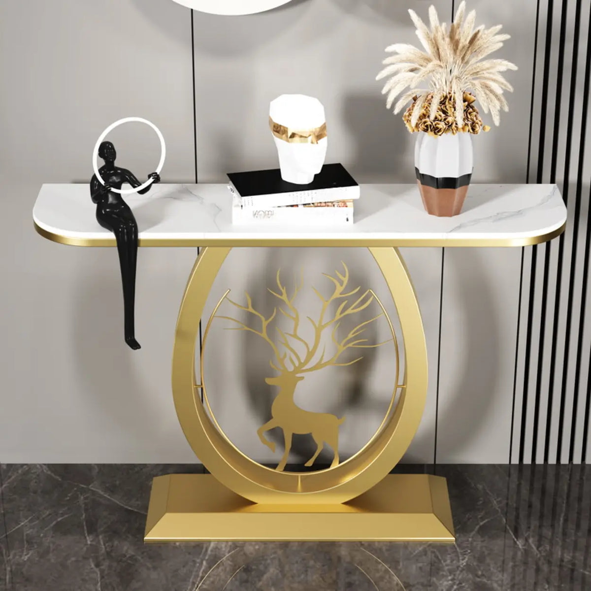 Decorative Oval Deer Base Sintered Stone Gold Console Table