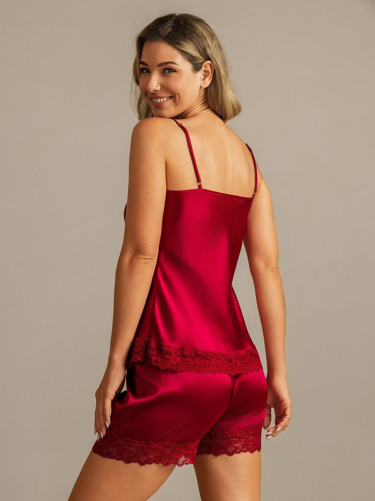 100% Mulberry Silk Lace Trim Spaghetti Strap V Neck Sexy Camisole Set