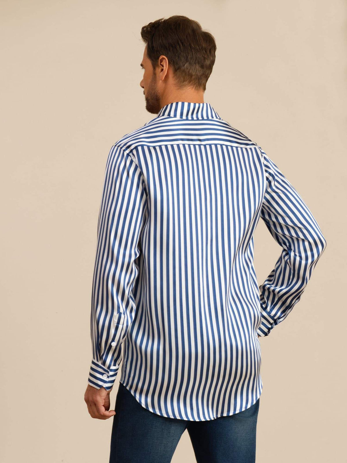 19Momme Silk Men's Long Sleeve Lapel Collar Stripe Print Shirt