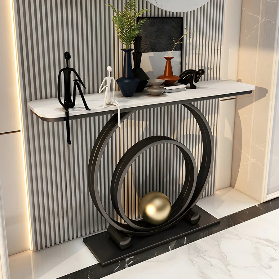 Double Iron Circle Base White Stone Large Console Table