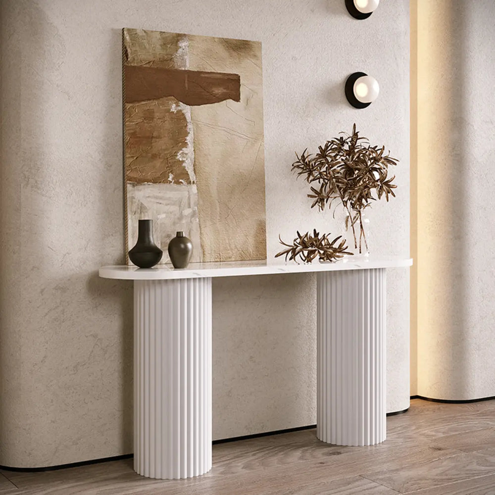 Double Pedestal Oval White Sintered Stone Console Table