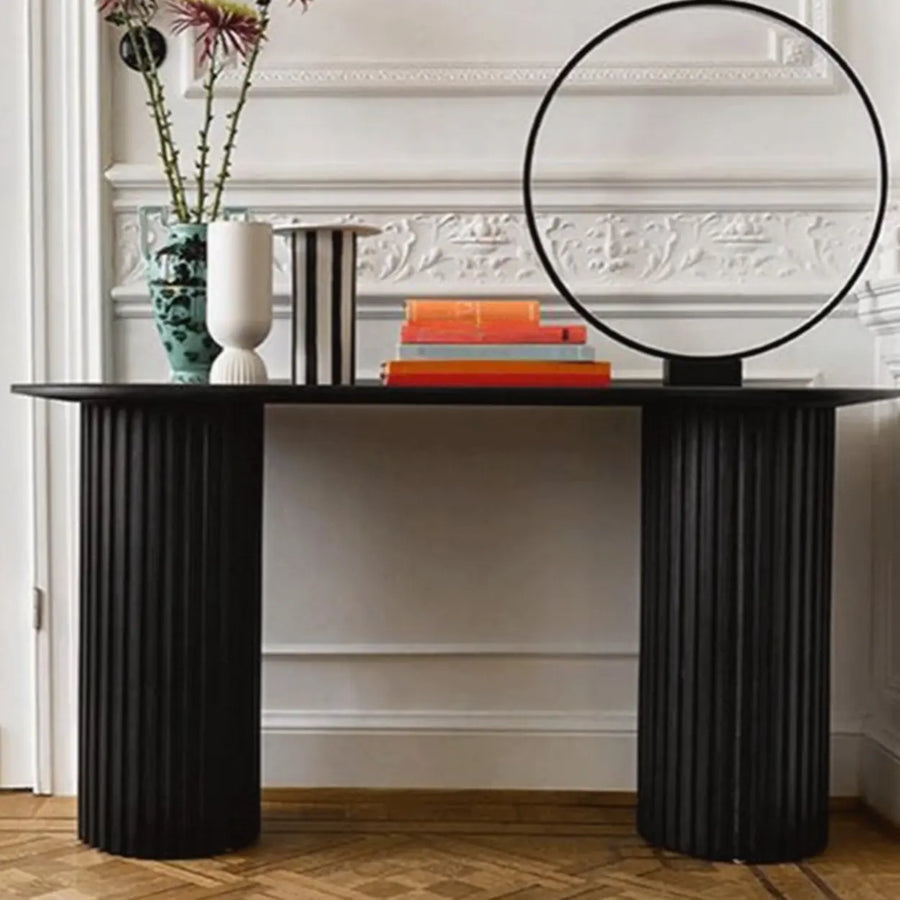 Double Pedestal Oval White Sintered Stone Console Table