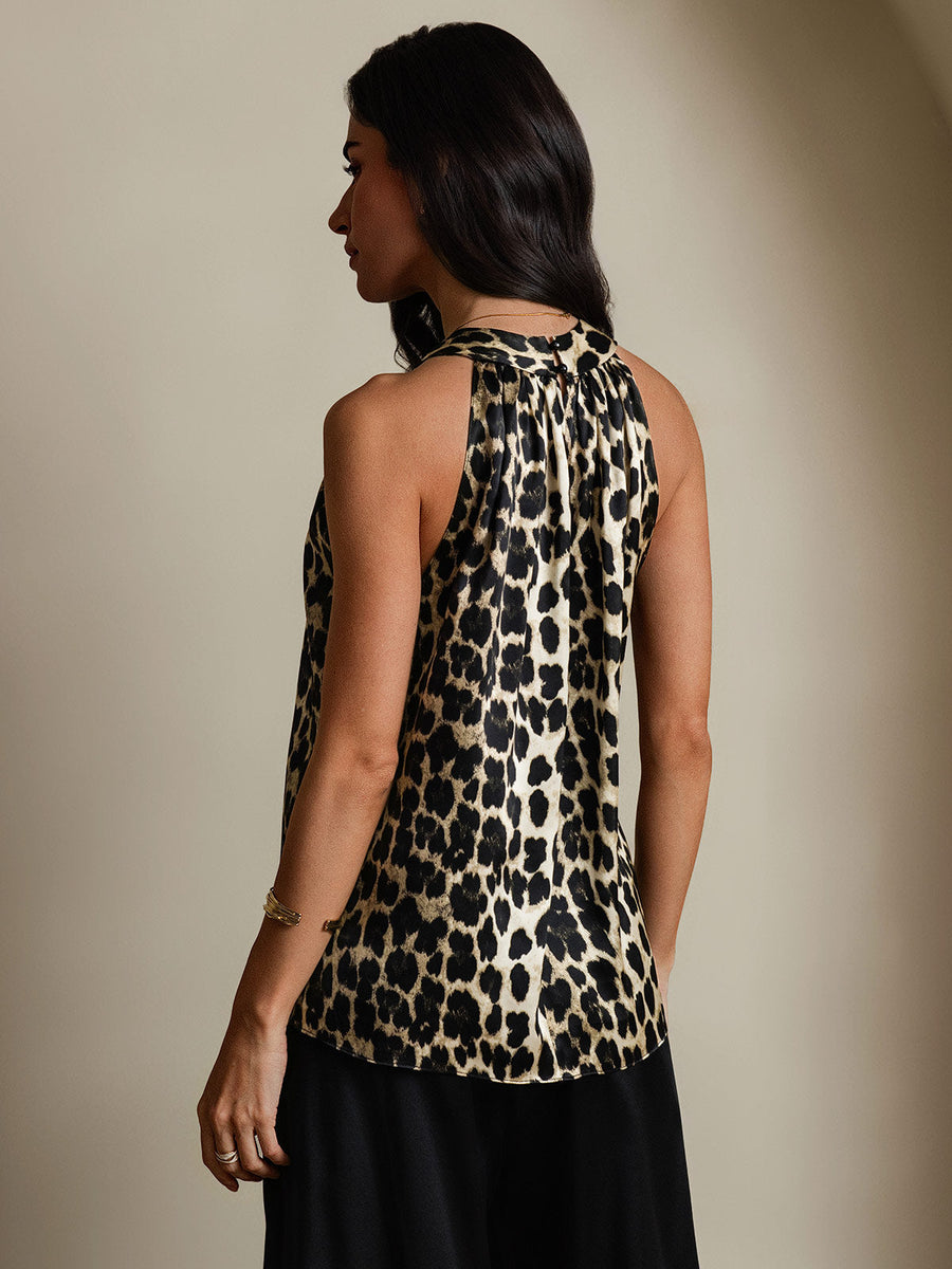 19Momme Silk Leopard Print Sleeveless Halter Neck Women's Top