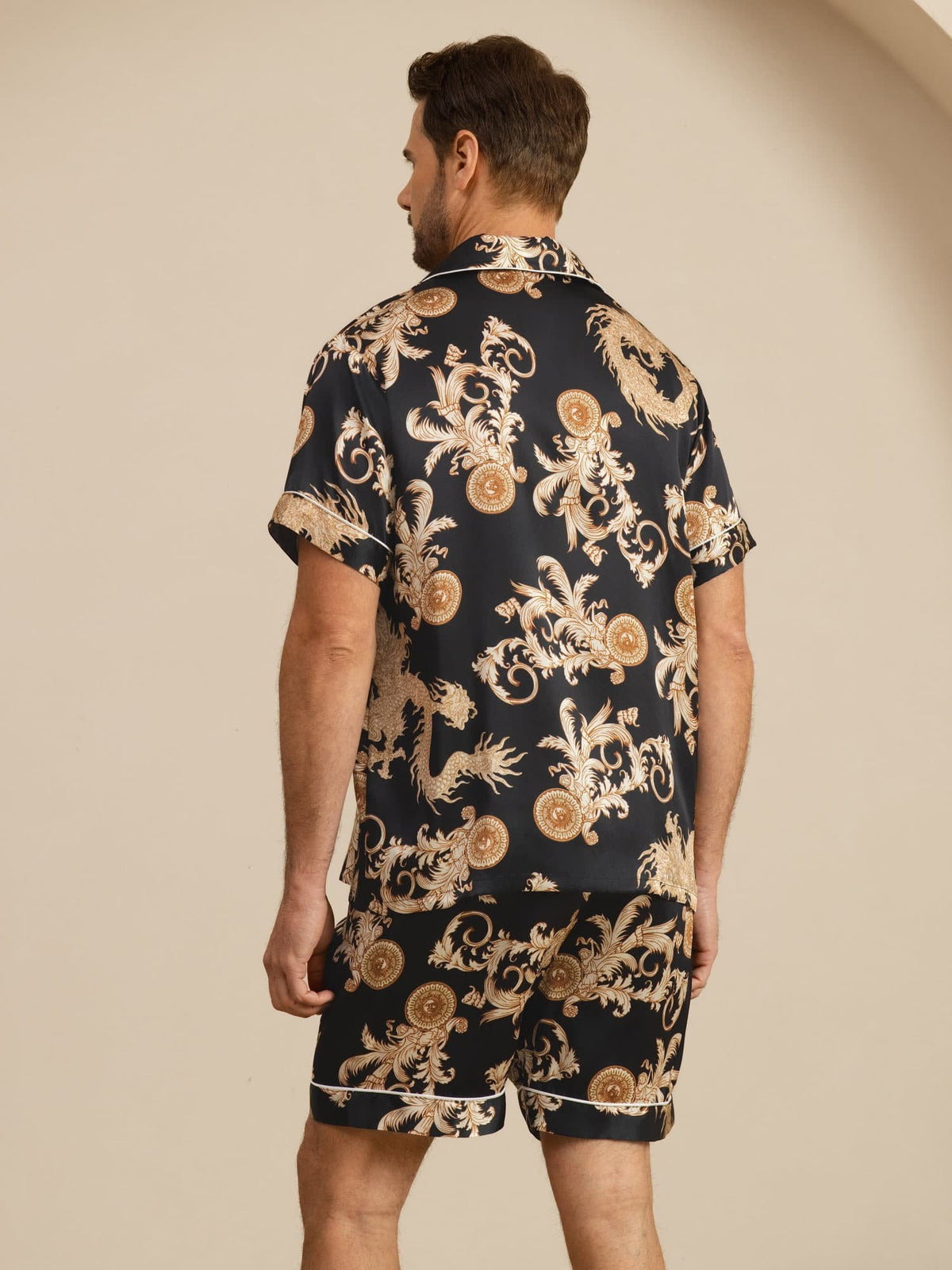 100% Mulberry Silk Men's Dragon Print Short Sleeve Lapel Collar Pajamas Set