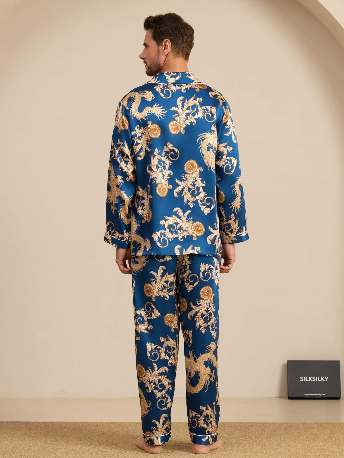 100% Mulberry Silk Men's Dragon Print Long Sleeve Notch Collar Pajamas Set