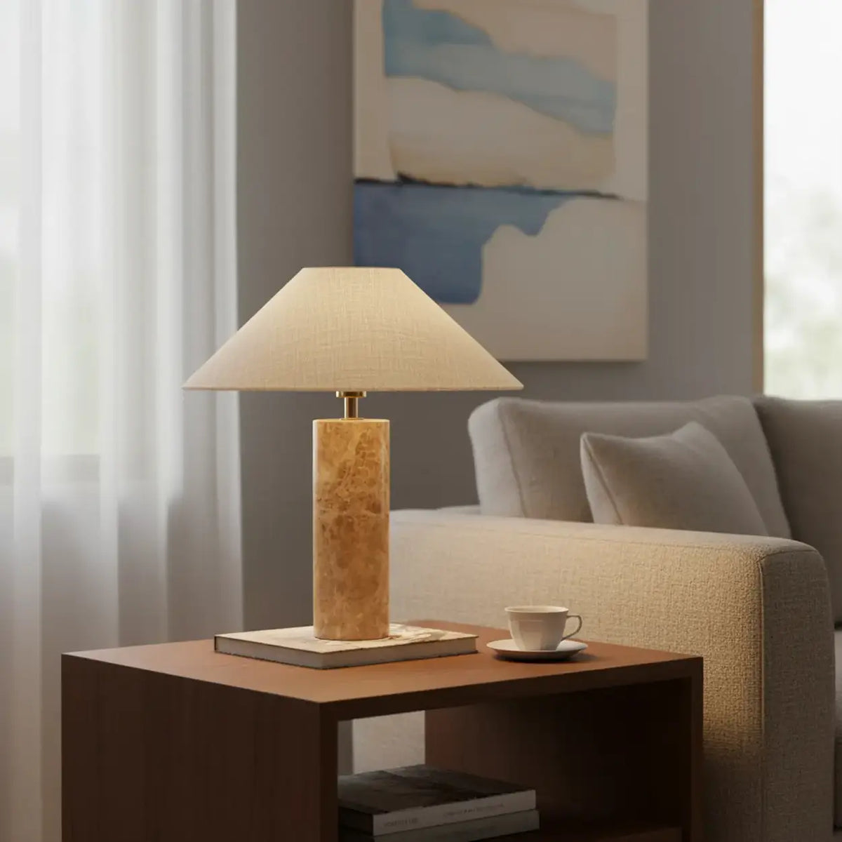 Elegant Beige Marble Base Table Lamp with Cone Fabric Shade