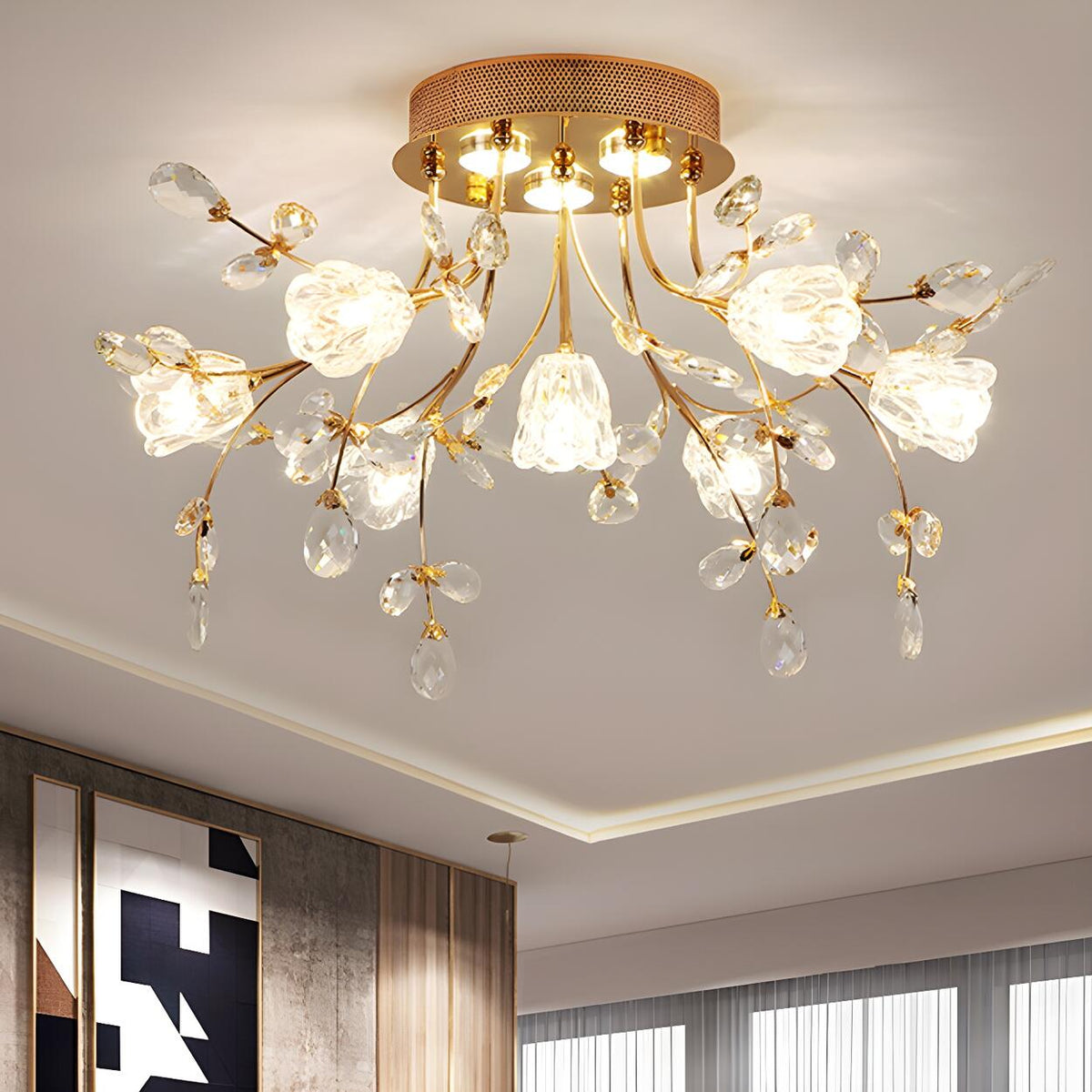 Elegant Blossom Branch Crystal Semi-Flush Mount Light