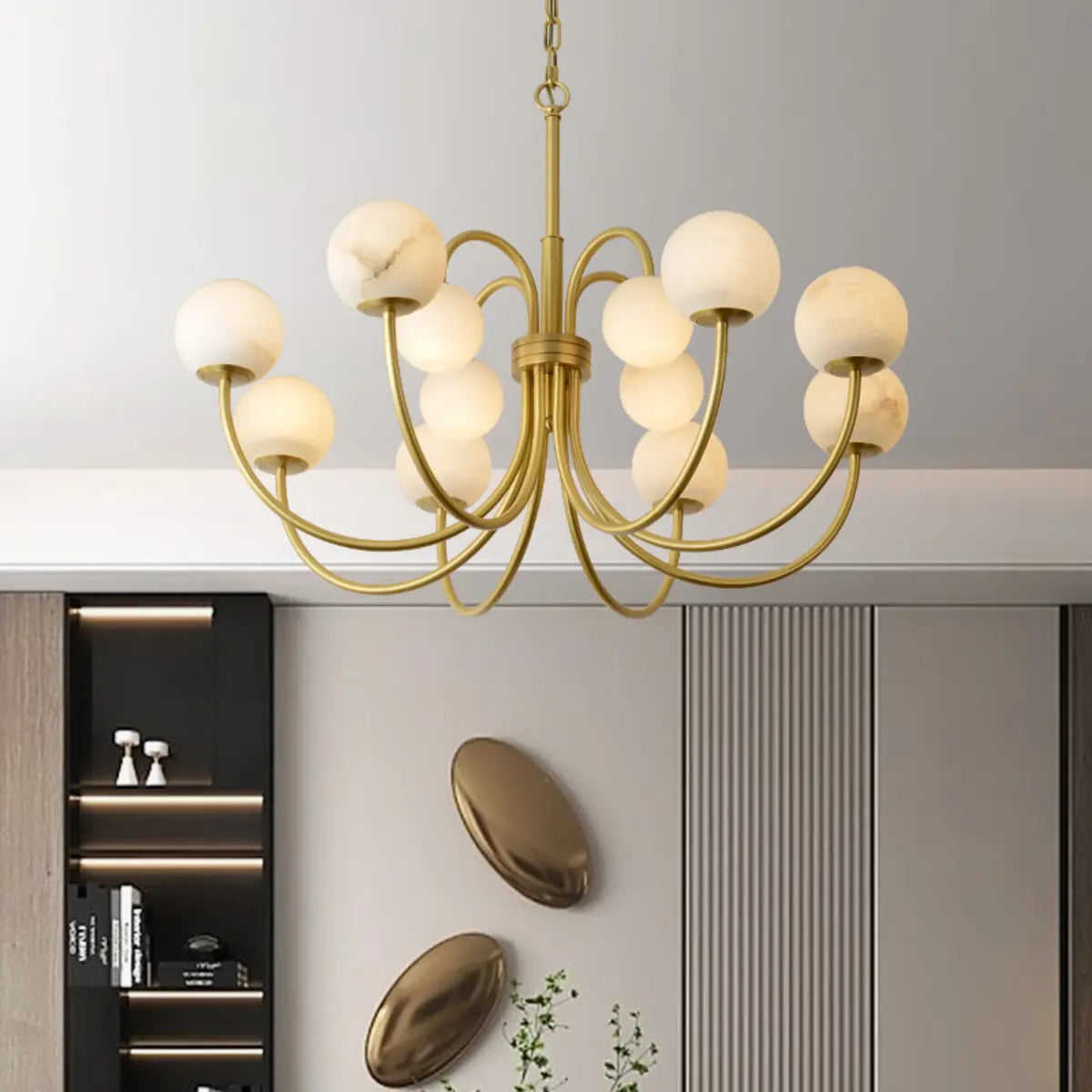 Elegant Brass Branch Alabaster Globe Living Room Chandelier
