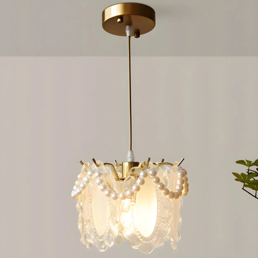 Elegant Clear Crystal Pearl Decor Floral Drum Pendant Light