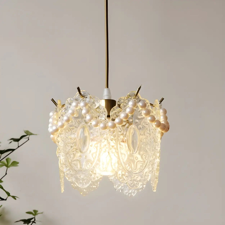 Elegant Clear Crystal Pearl Decor Floral Drum Pendant Light