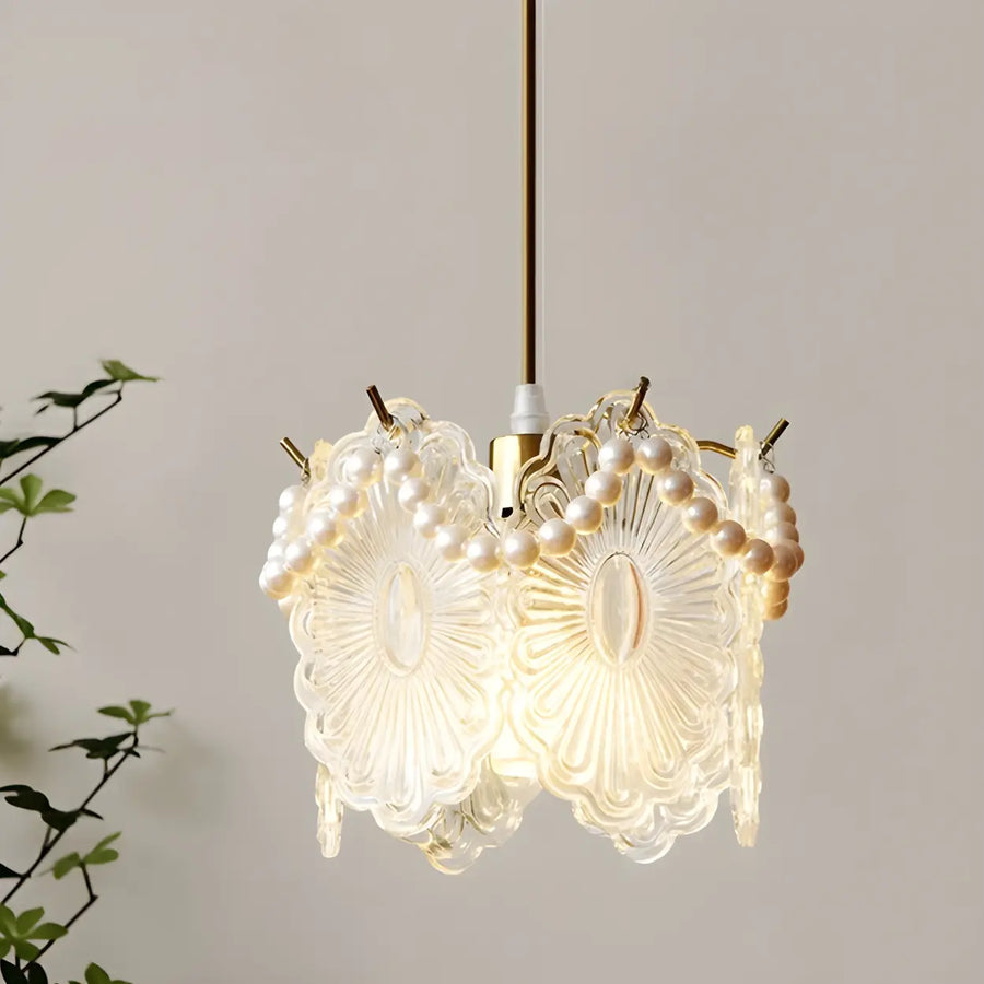 Elegant Clear Crystal Pearl Decor Floral Drum Pendant Light