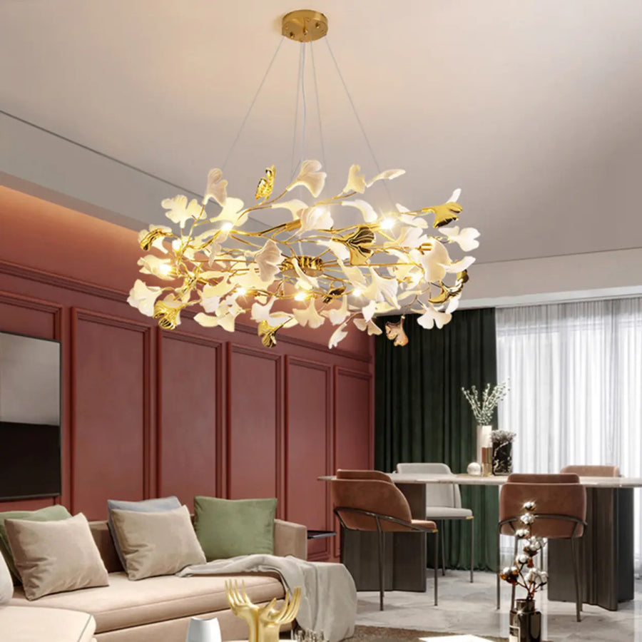 Elegant Gold Branch Circle Ginkgo Leaf Chandelier