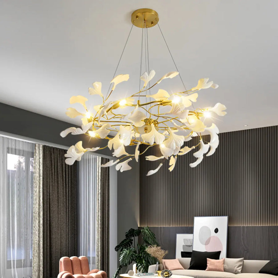 Elegant Gold Branch Circle Ginkgo Leaf Chandelier