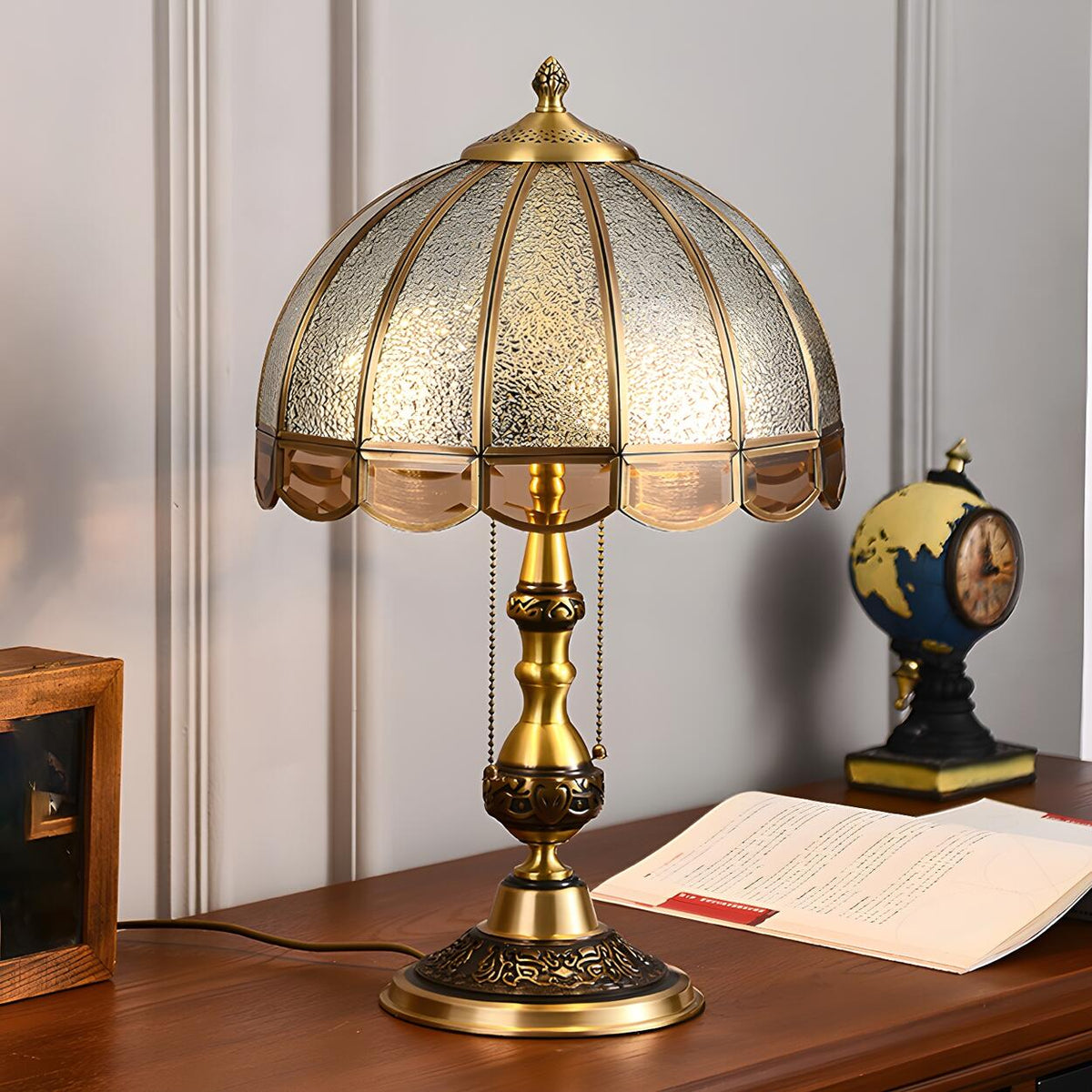 Elegant Gold Umbrella Glass Shade Brass Dome Table Lamp