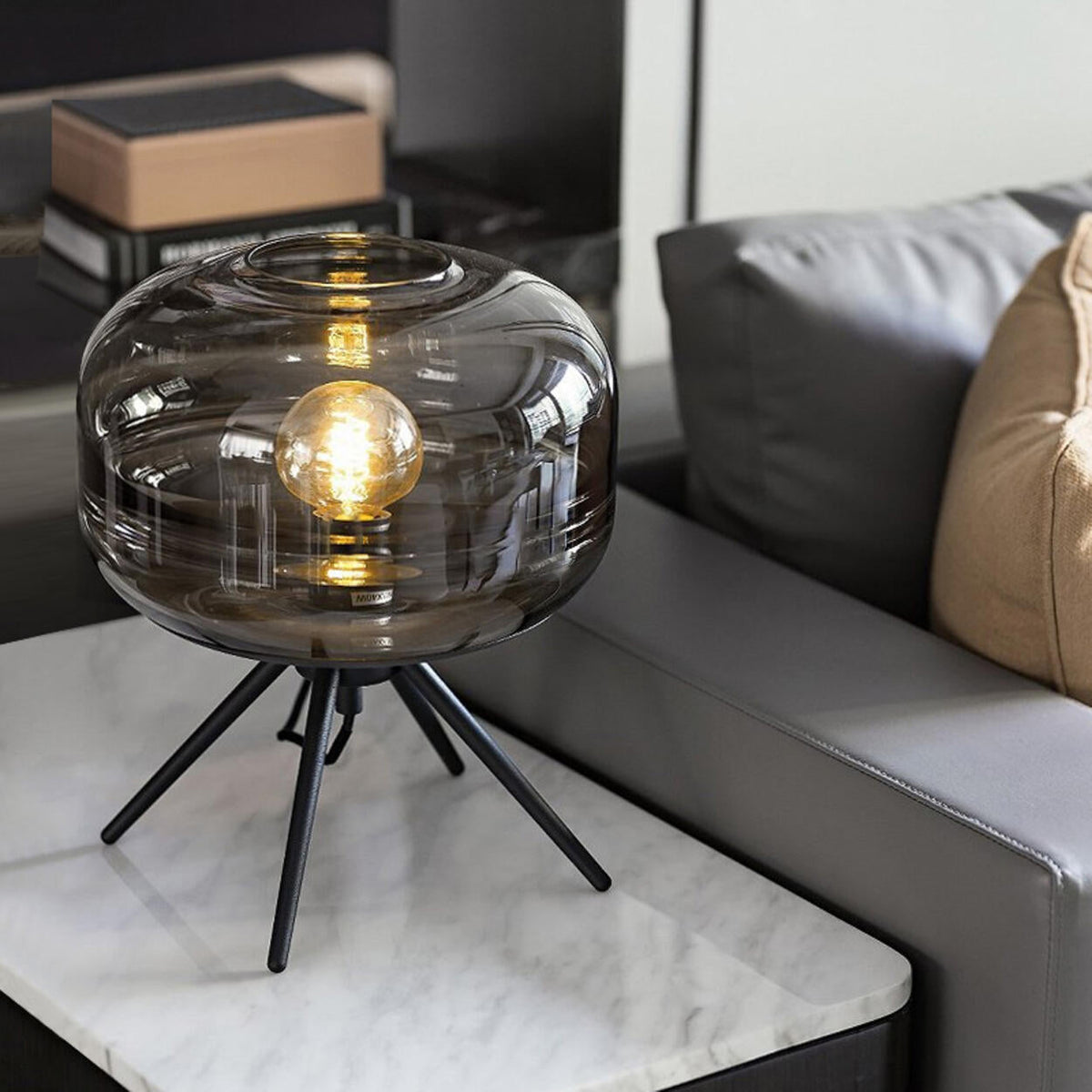 Elegant Grey Glass Shade Metal Tripod Base Table Lamp