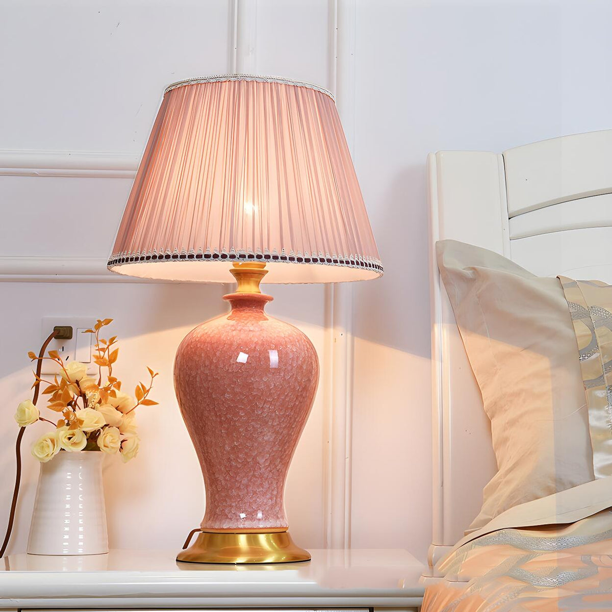 Elegant Pink Silk Shade Ceramic Bedroom Table Lamp