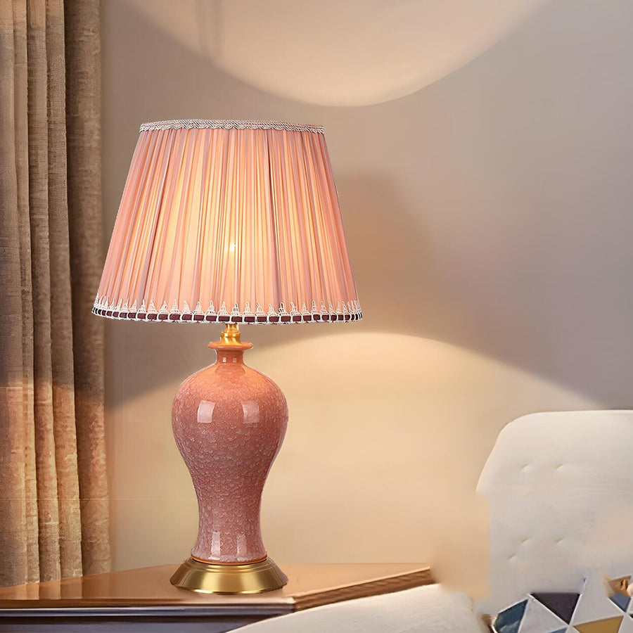 Elegant Pink Silk Shade Ceramic Bedroom Table Lamp