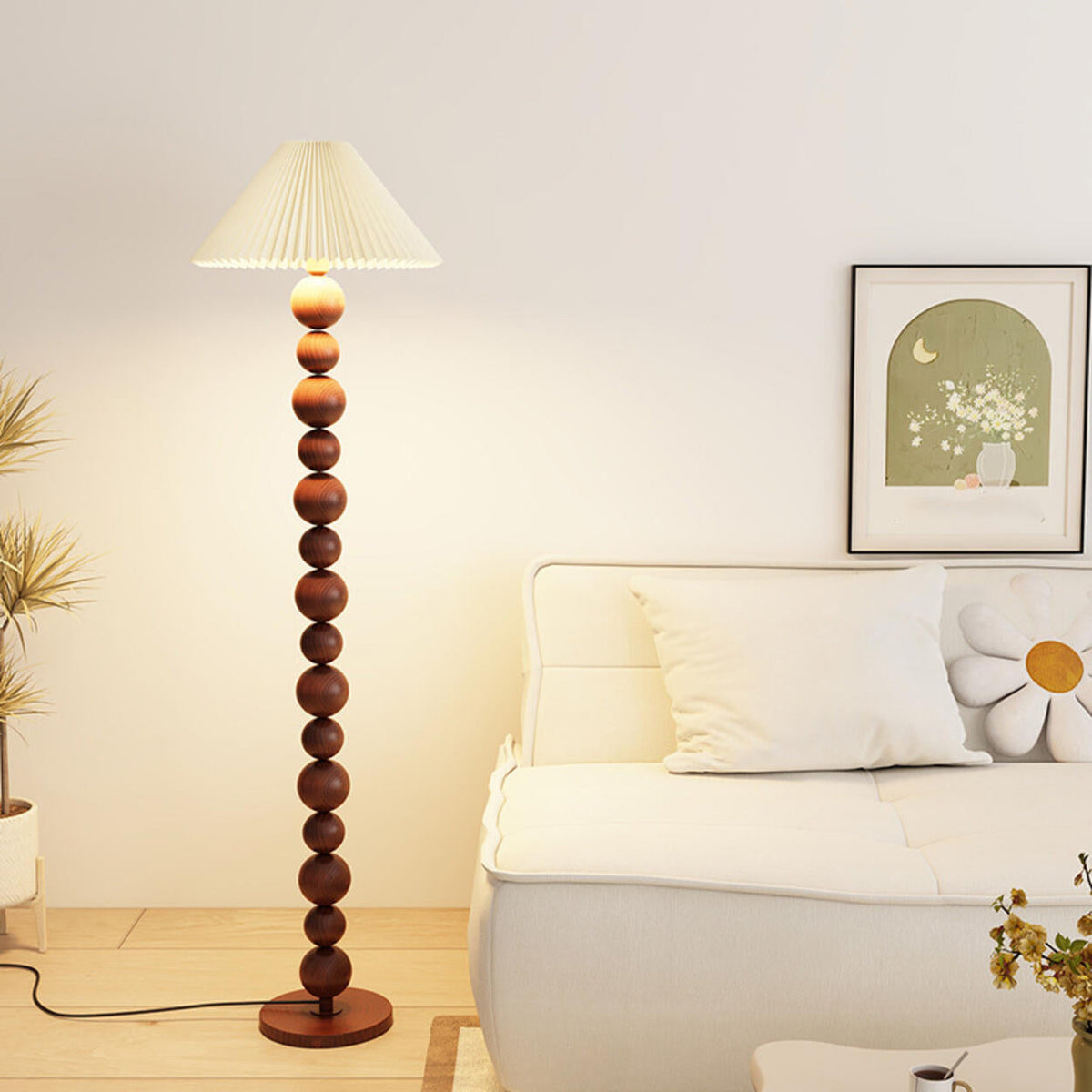 Elegant Pleated Cone Shade Stacked Ball Floor Lamp