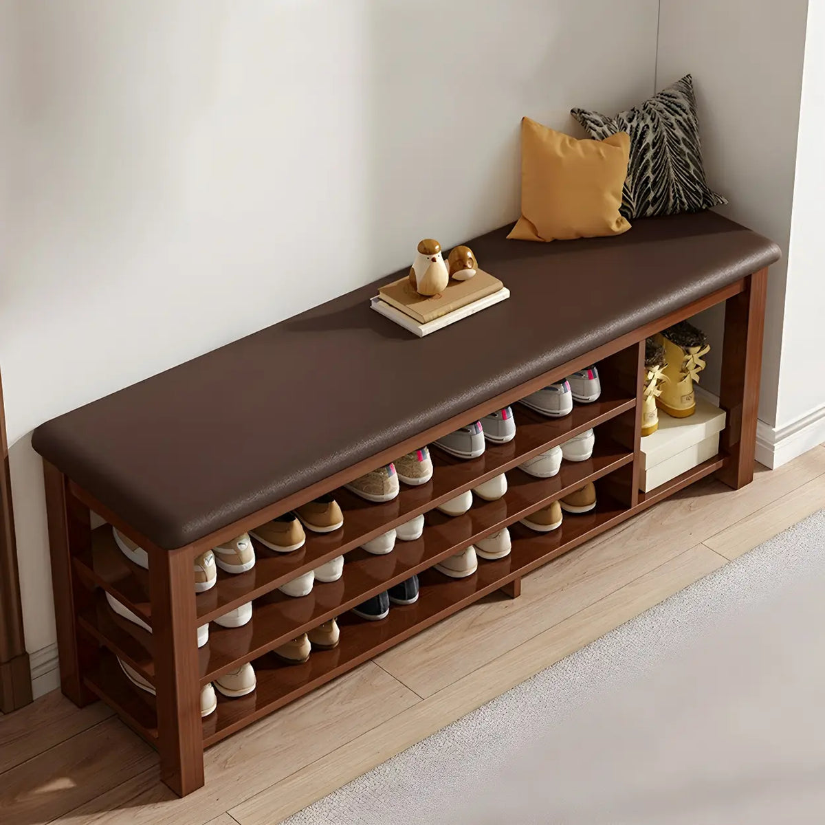 Entryway Adjustable Shelves Wood Brown Shoe Storage Bench