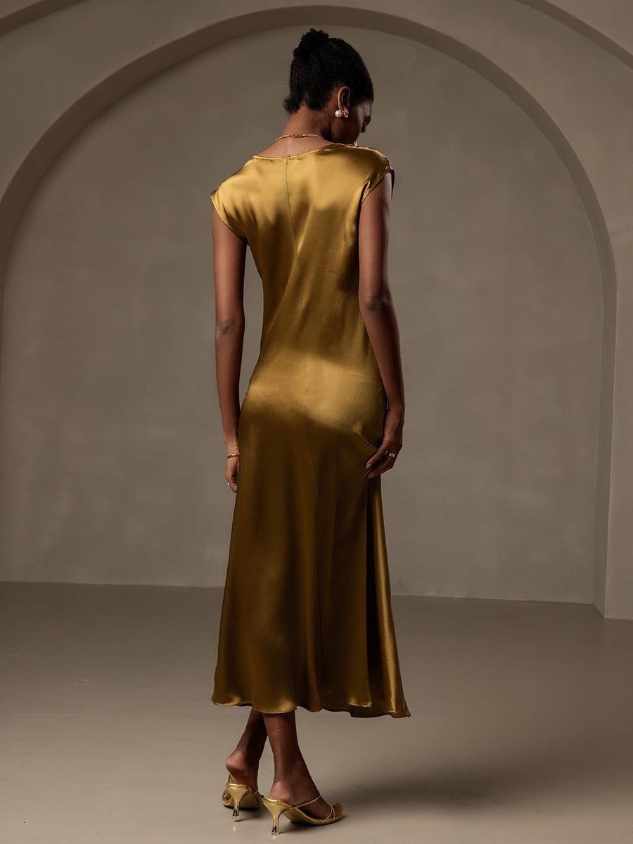 19Momme Silk Cap Sleeve Round Neck Midi Dress
