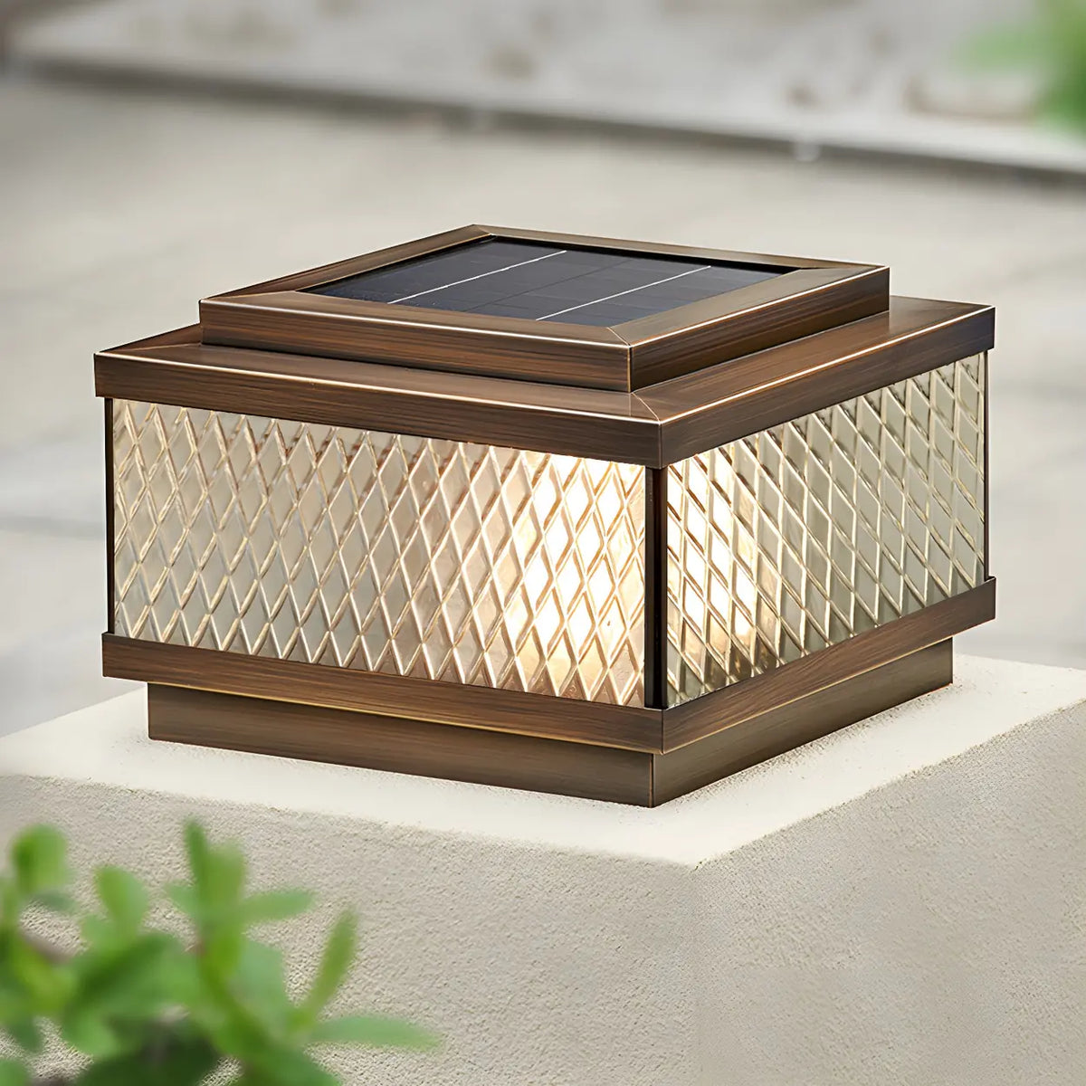 Fashion Bronze Square Glass Solar Outdoor Pillar Light