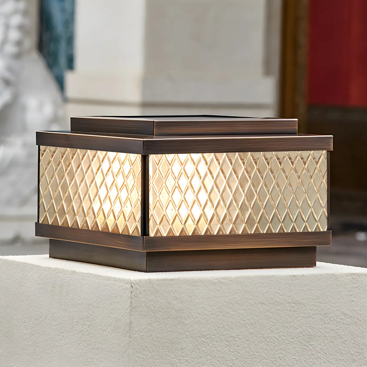 Fashion Bronze Square Glass Solar Outdoor Pillar Light