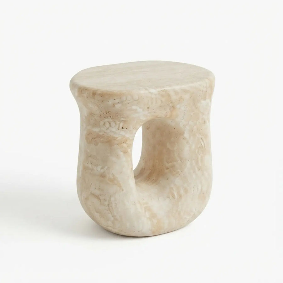 Faux Travertine Stone Oval Side Table with Curved Base